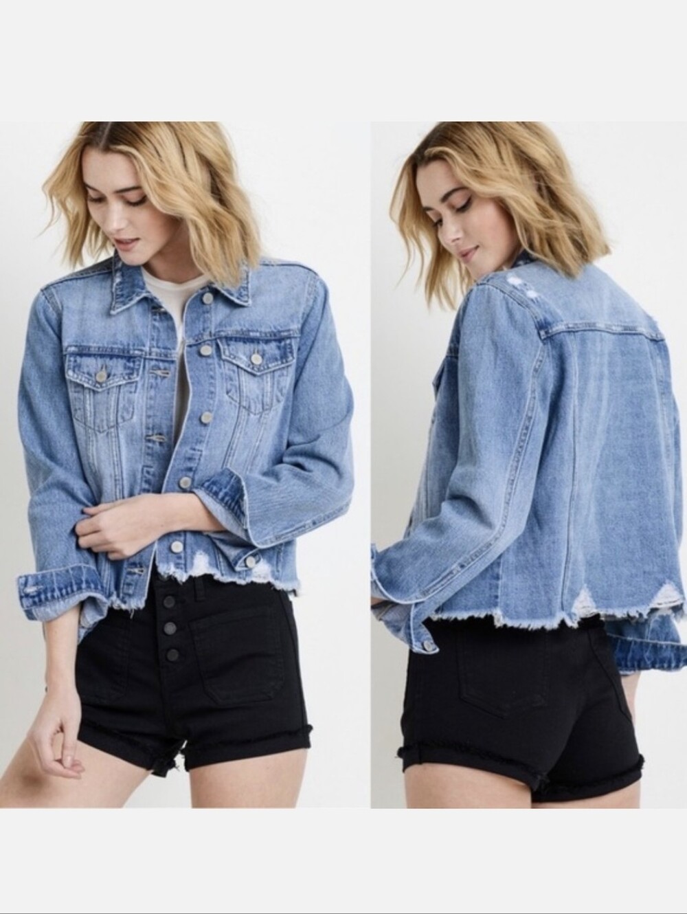 JUST USA Women’s Medium Wash Distressed Cropped Denim Jean Jacket Medium